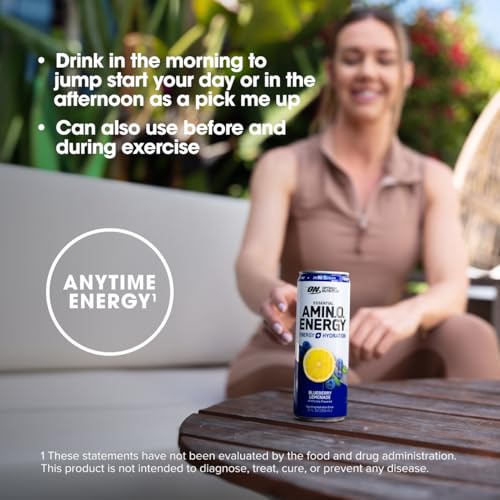 Optimum Nutrition Amino Energy Sparkling Hydration Drink, Electrolytes, Caffeine, Amino Acids, BCAAs, Sugar Free, Blueberry Lemonade, 12 Fl Oz, 12 Pack (Packaging May Vary)