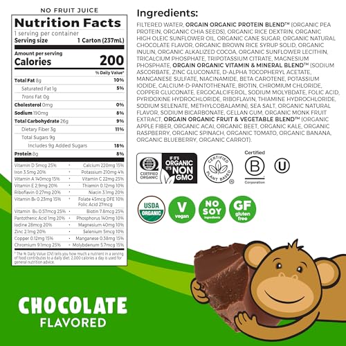 Orgain Vegan Protein Shake, Chocolate - 8g, Kids Snacks