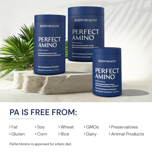 BodyHealth PerfectAmino, All 8 Essential Amino Acids with BCAAs + Lysine, Phenylalanine, Threonine, Methionine, Tryptophan, Supplement for Muscle Mass Production, Recovery & Strength (600 ct)