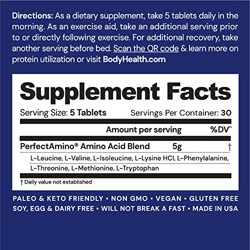 BodyHealth PerfectAmino (150 ct) Easy to Swallow Tablets, Essential Amino Acids Supplement with BCAAs, Vegan Protein for Pre/Post Workout & Muscle Recovery with Lysine, Tryptophan, Leucine, Methionine