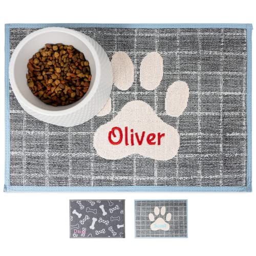 Personalized Embroidered Dog Food Mat with Paw Design