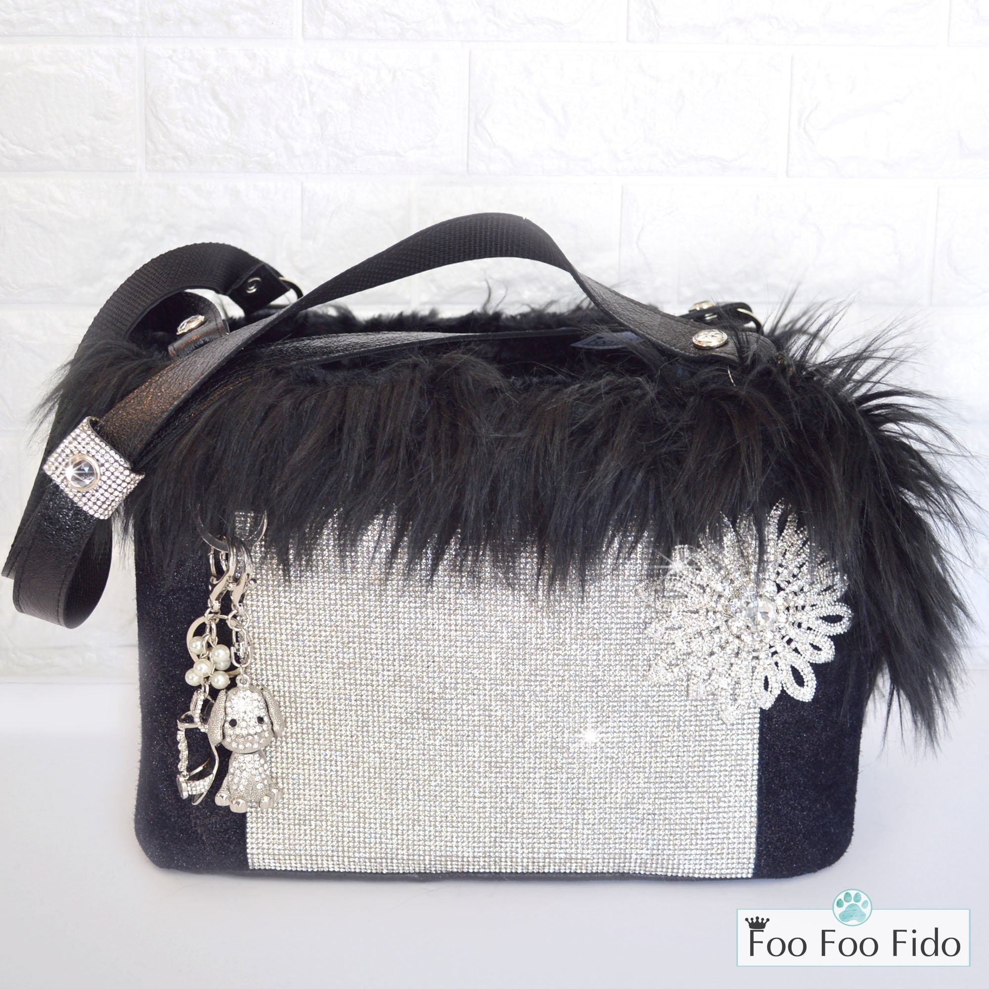Black Leather Rhinestone Dog Carrier Tote by Foo Foo Fido