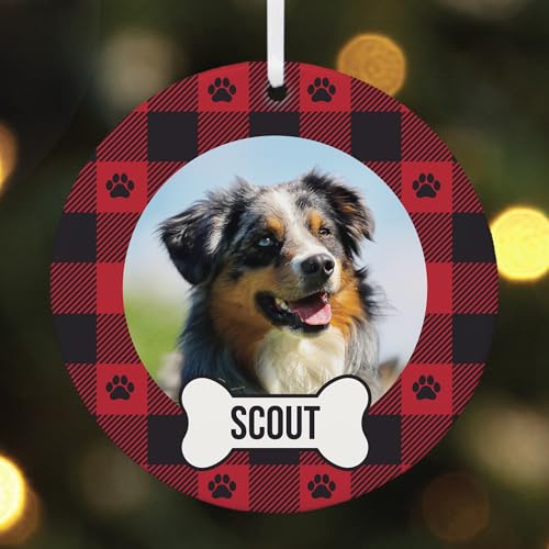 Personalized Plaid Paw Print Photo Ornament - Christmas Theme