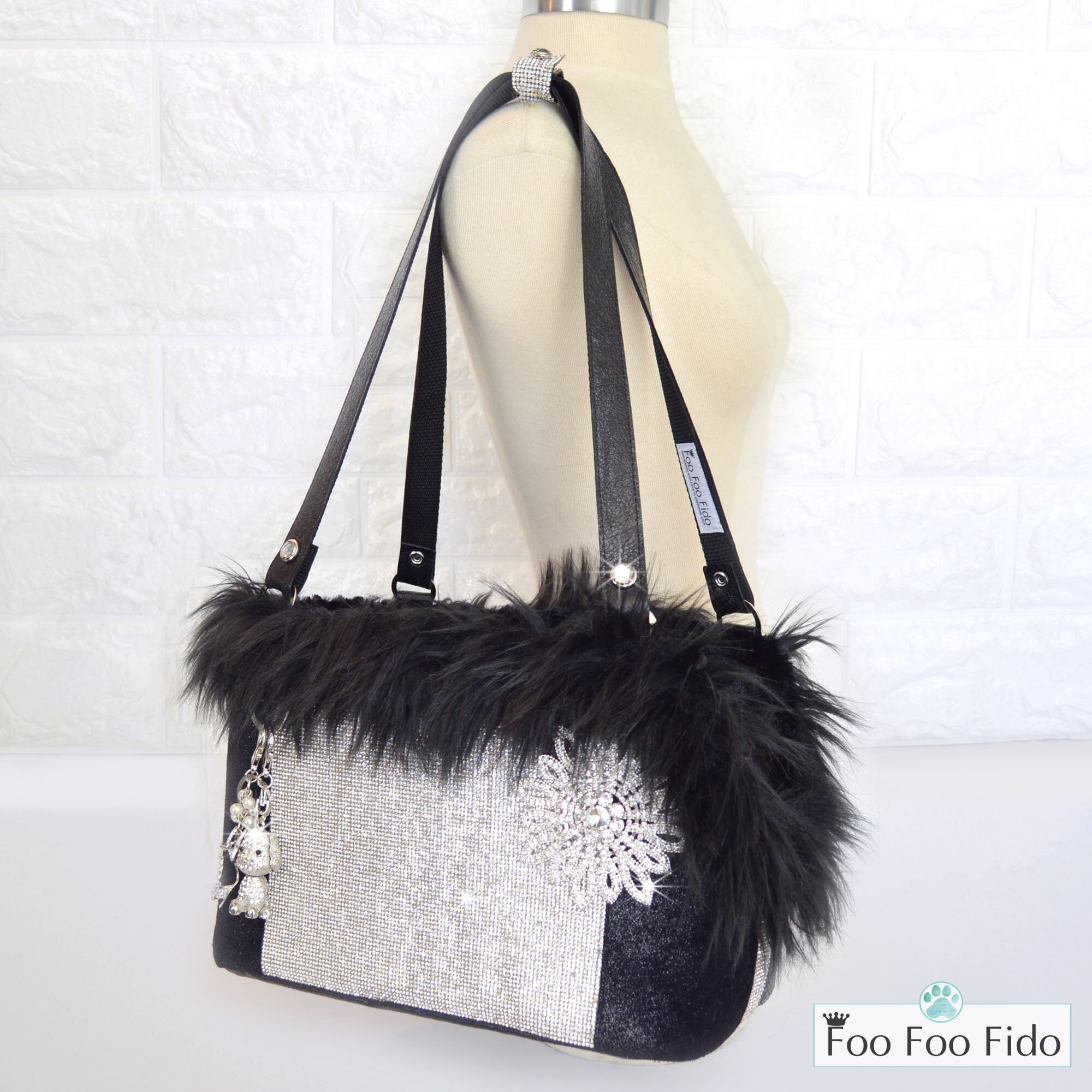 Black Leather Rhinestone Dog Carrier Tote by Foo Foo Fido