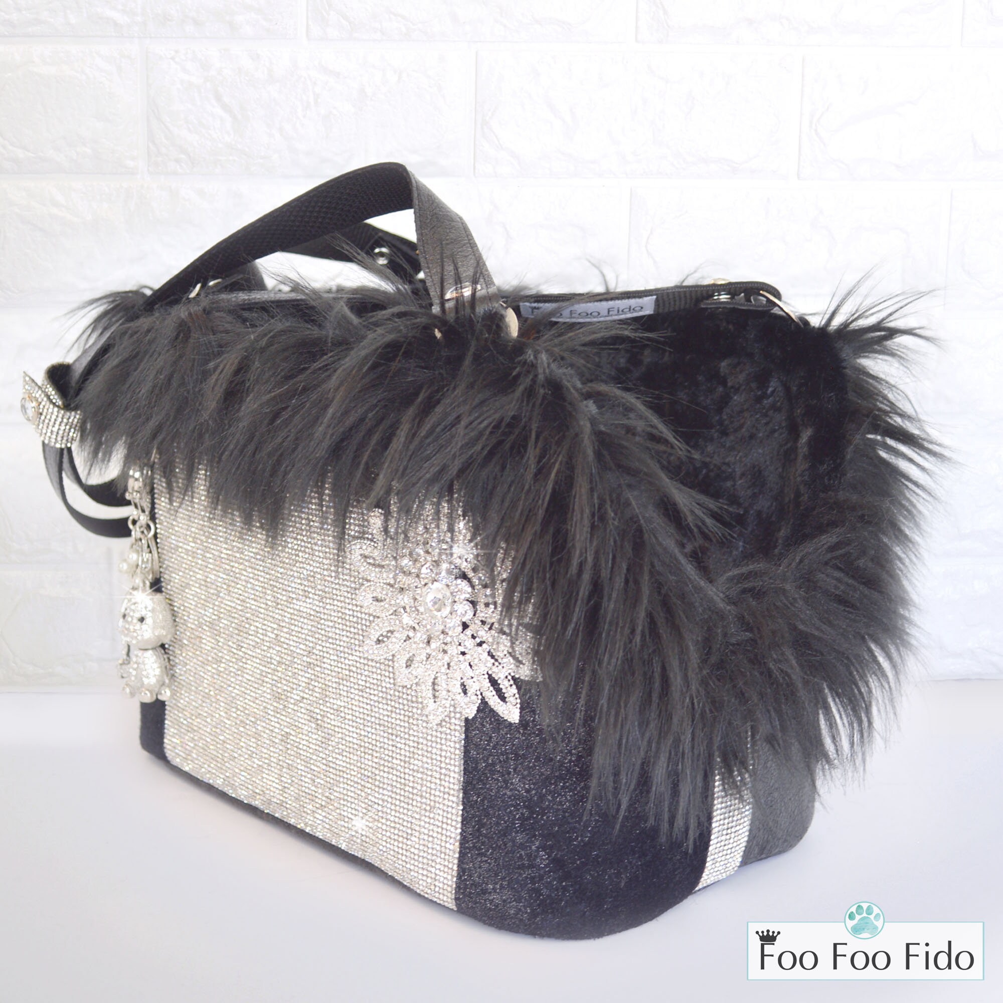 Black Leather Rhinestone Dog Carrier Tote by Foo Foo Fido