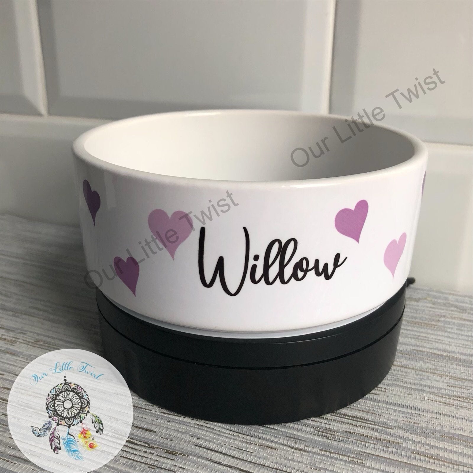 Custom Ceramic Pet Bowl with Hearts Personalization