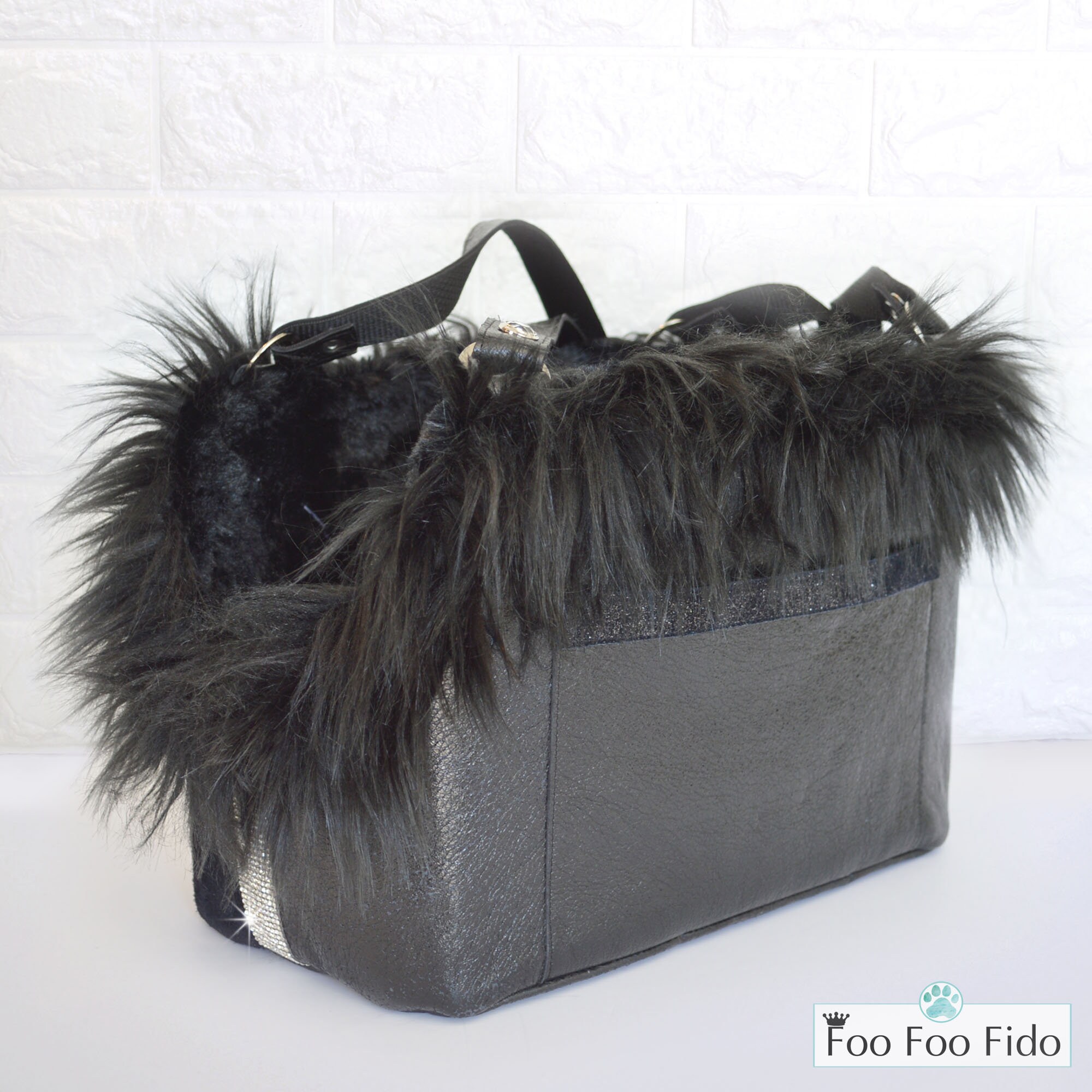 Black Leather Rhinestone Dog Carrier Tote by Foo Foo Fido