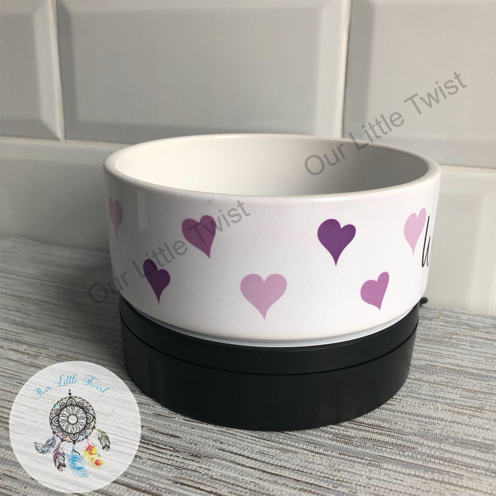 Custom Ceramic Pet Bowl with Hearts Personalization