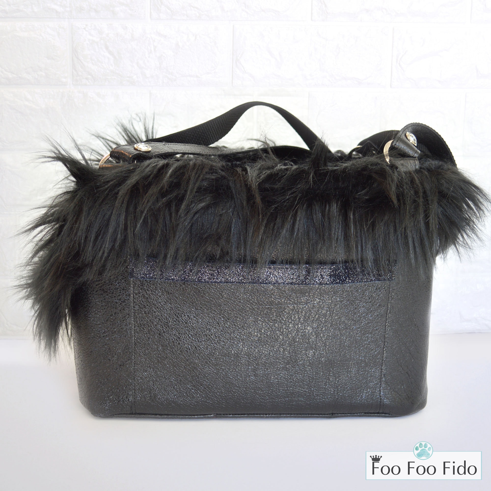 Black Leather Rhinestone Dog Carrier Tote by Foo Foo Fido