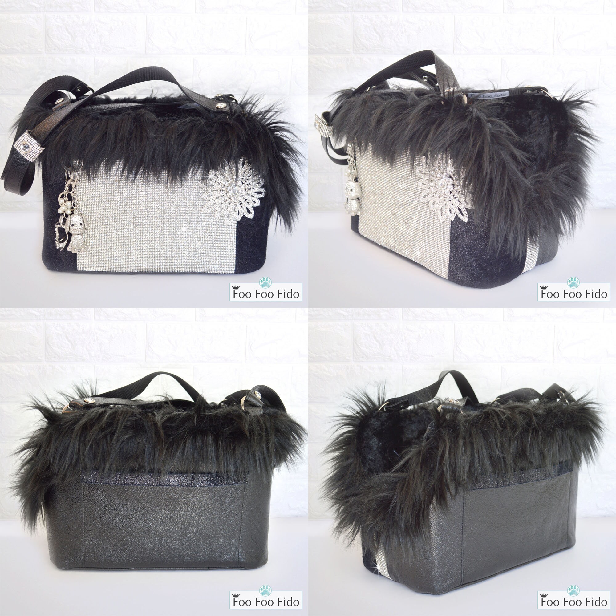 Black Leather Rhinestone Dog Carrier Tote by Foo Foo Fido