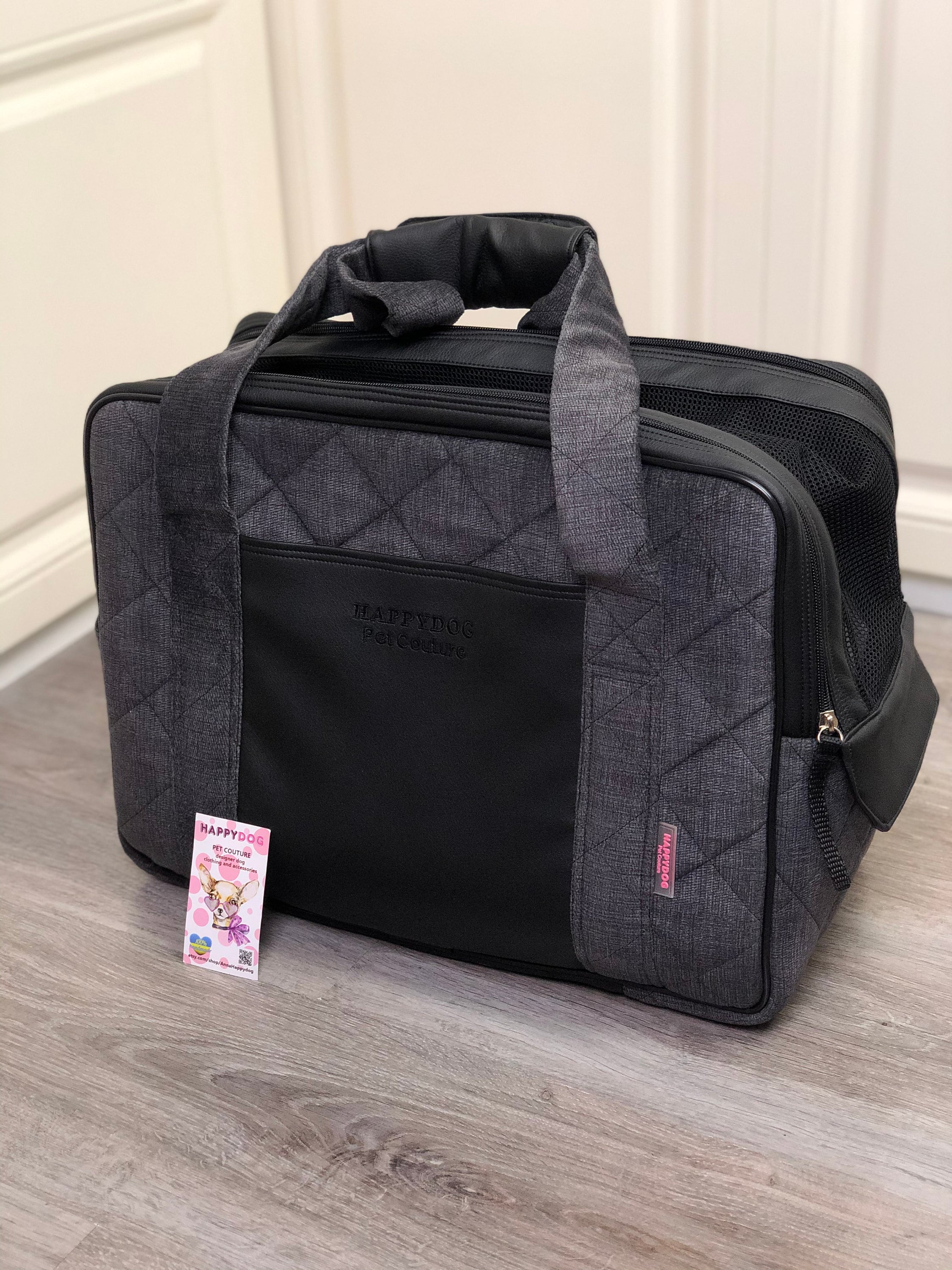 Gray designer dog carrier for small dogs with personalization