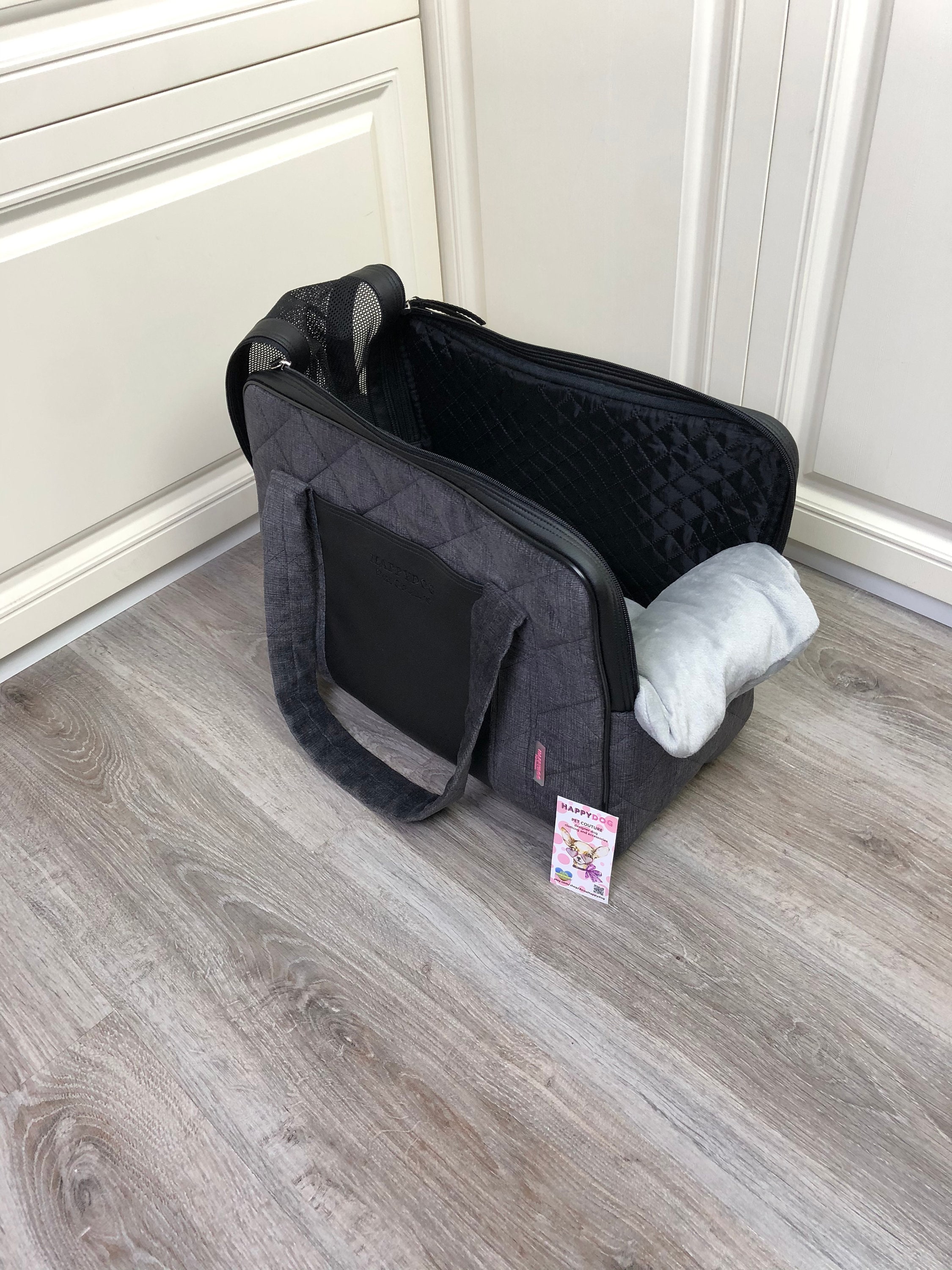 Gray designer dog carrier for small dogs with personalization