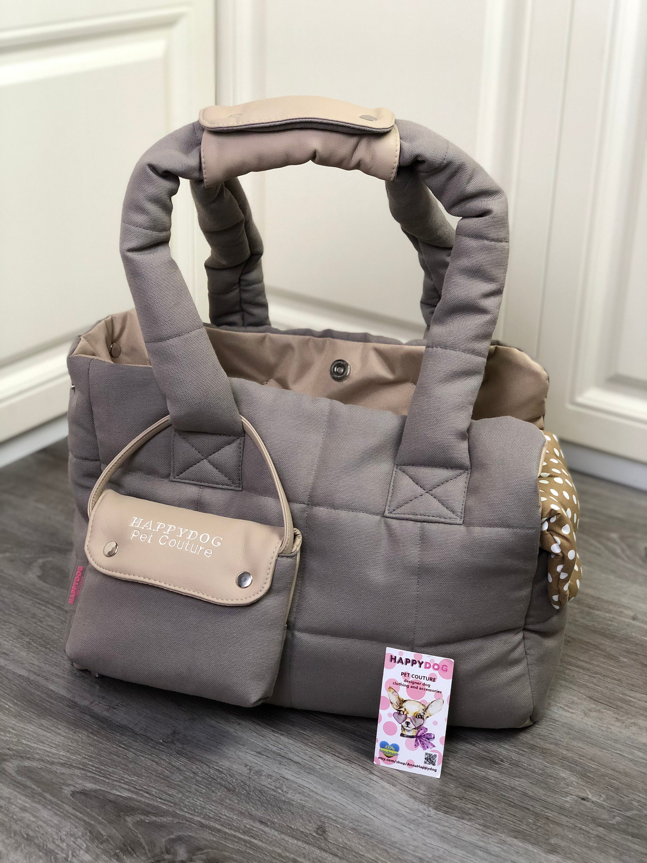 Custom Beige Gray Puppy Carrier and Cotton Bed