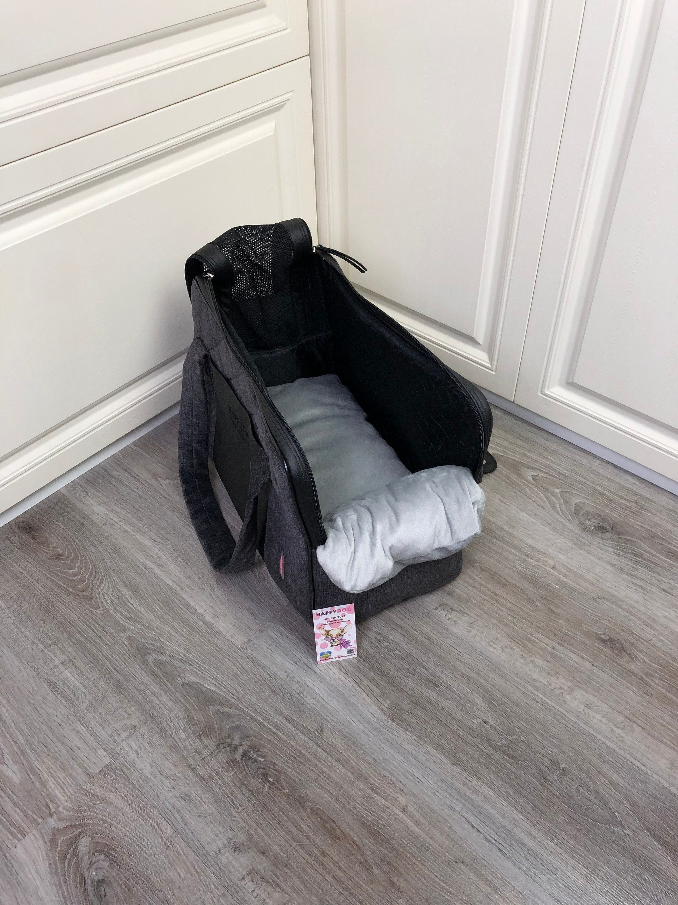 Gray designer dog carrier for small dogs with personalization