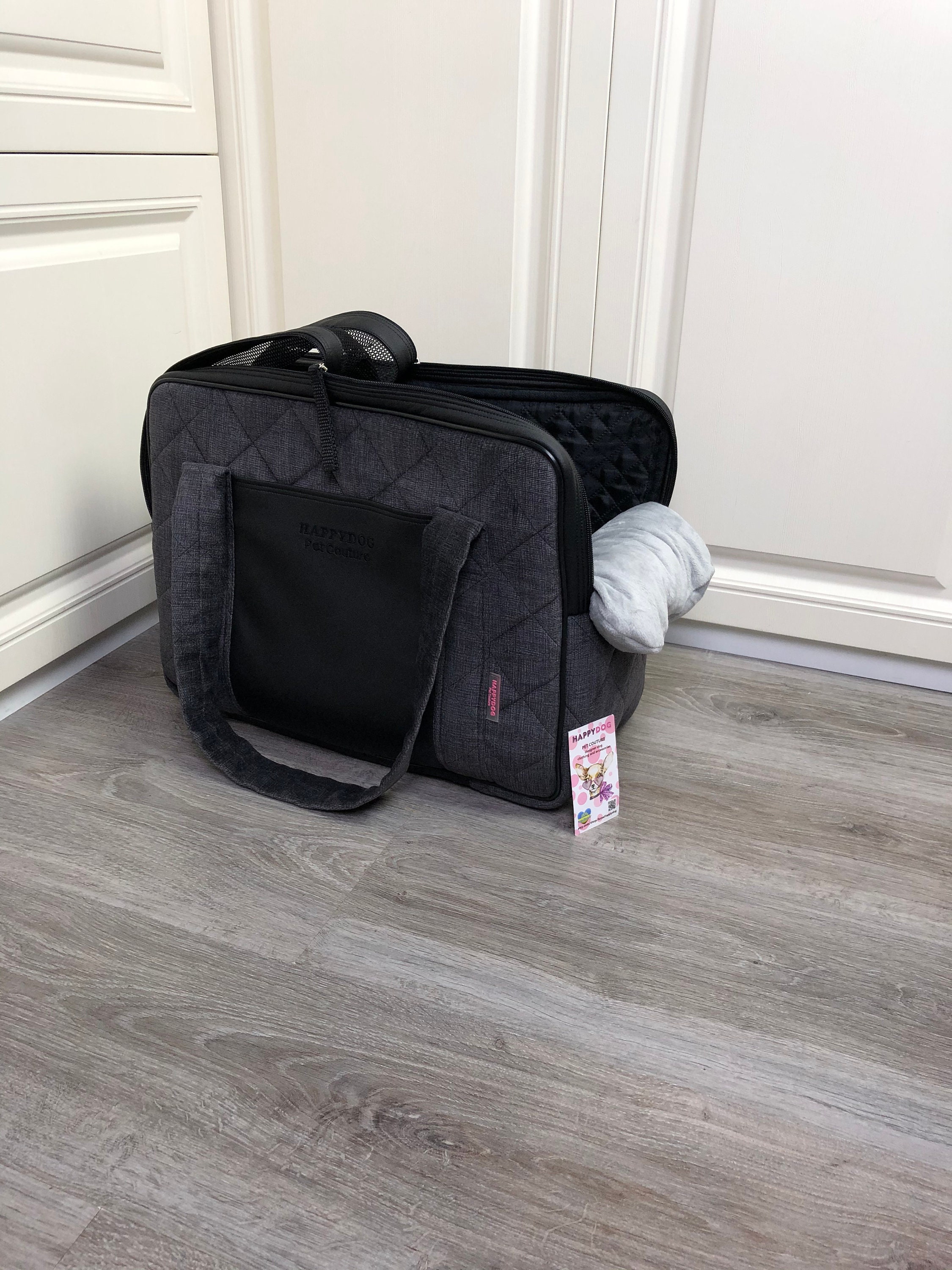 Gray designer dog carrier for small dogs with personalization