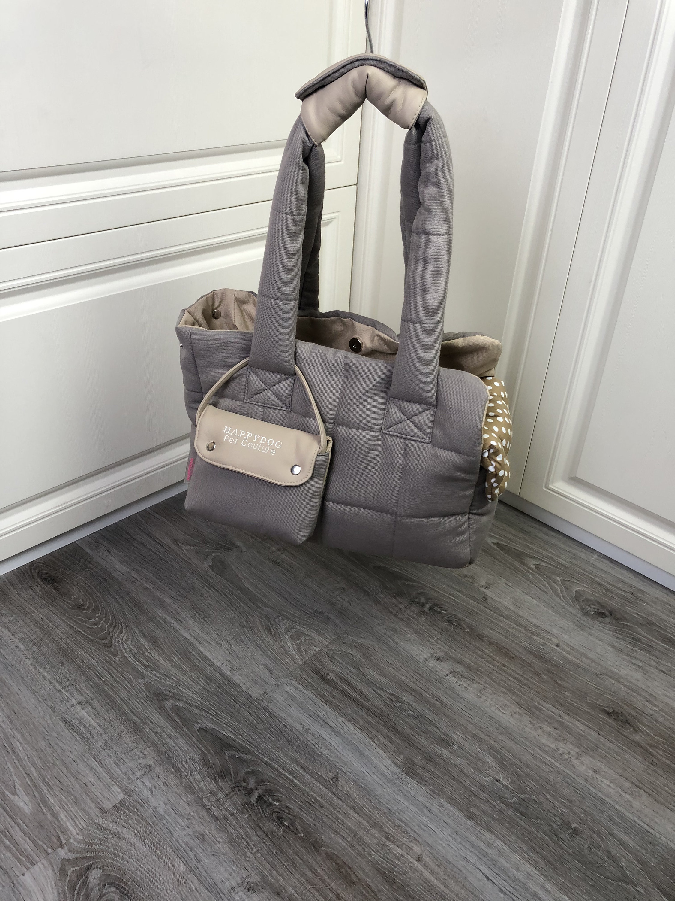 Custom Beige Gray Puppy Carrier and Cotton Bed