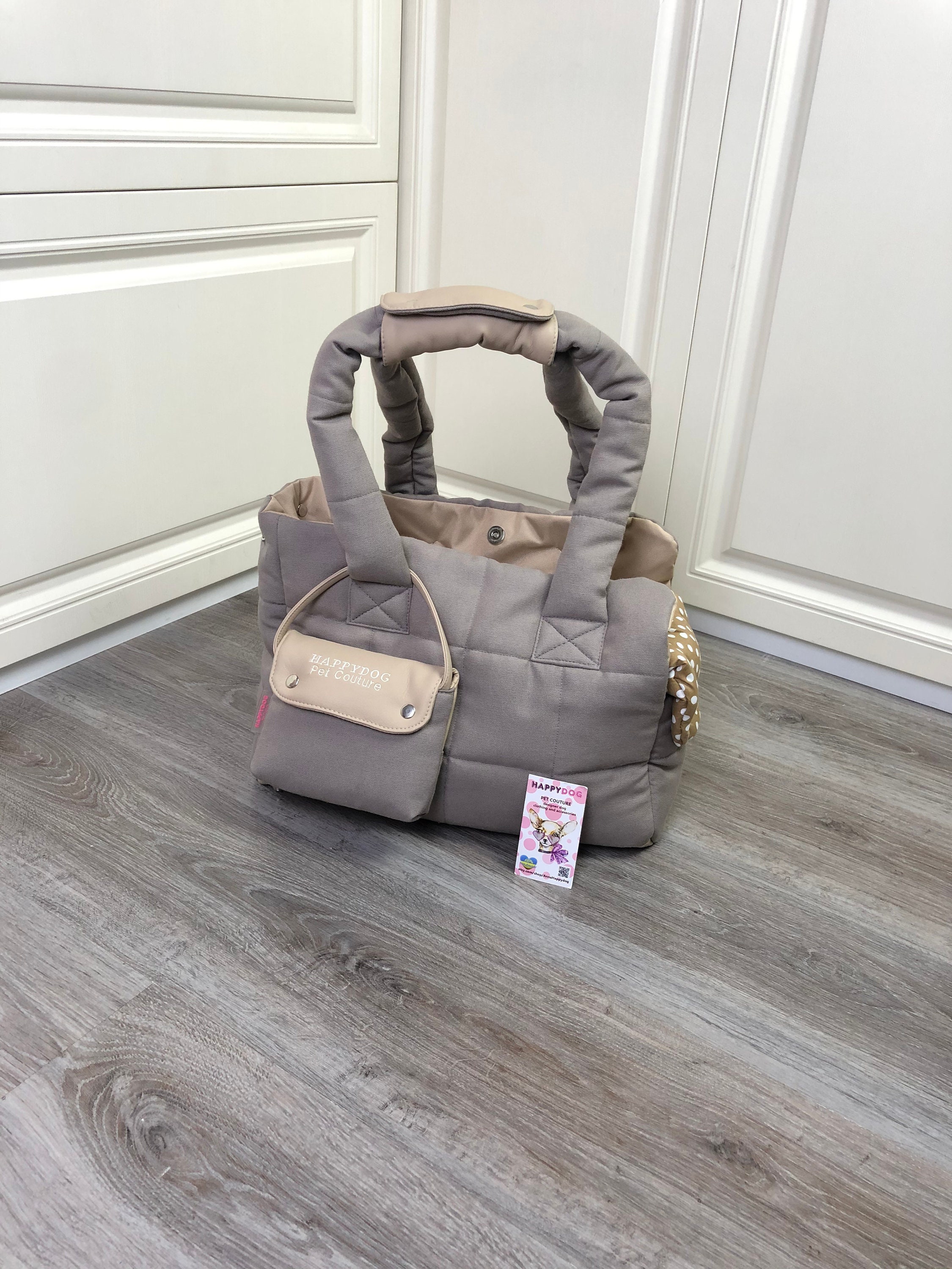Custom Beige Gray Puppy Carrier and Cotton Bed