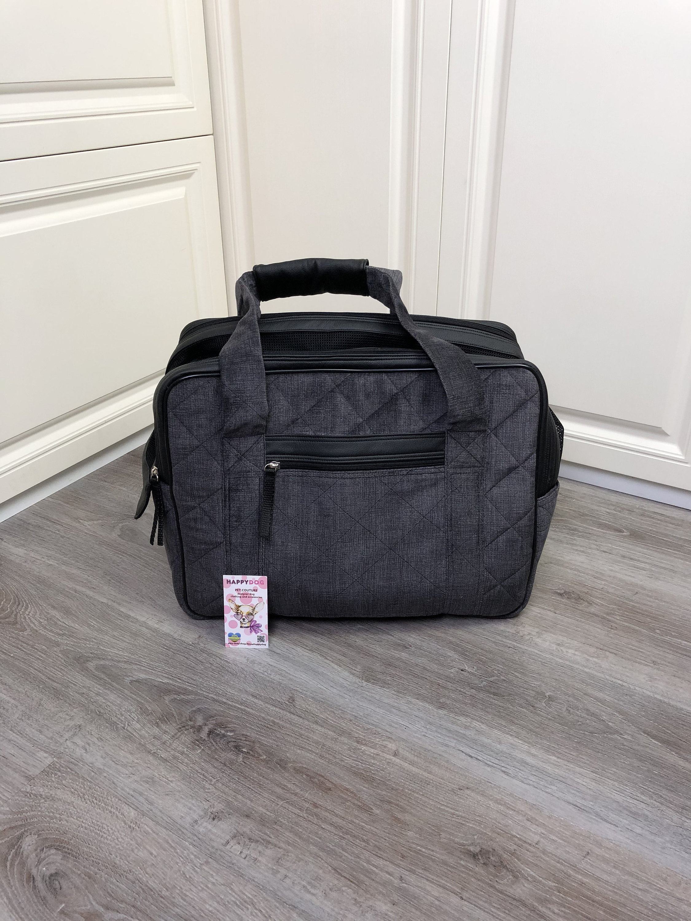Gray designer dog carrier for small dogs with personalization