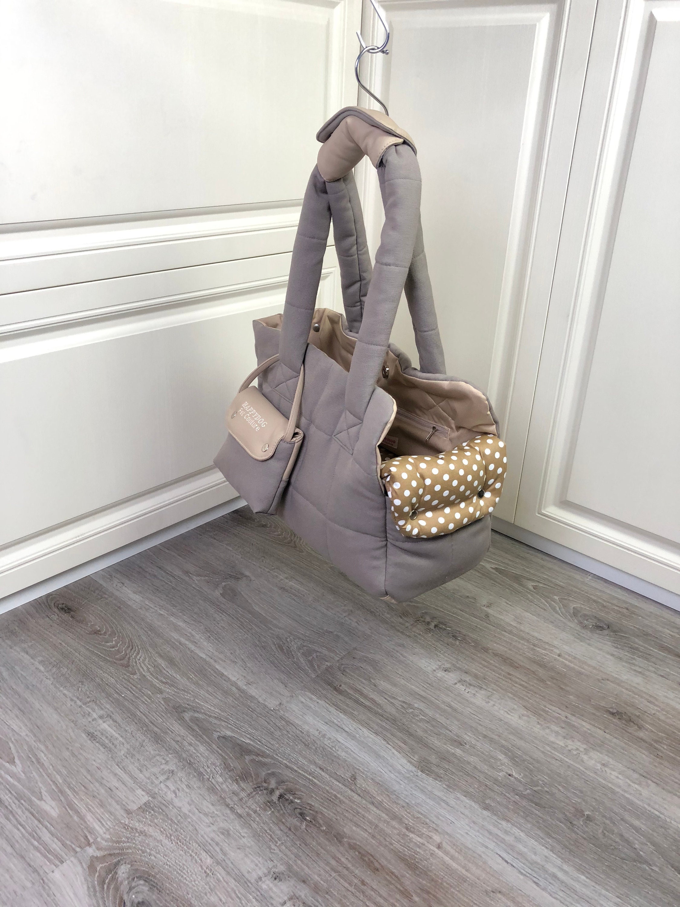 Custom Beige Gray Puppy Carrier and Cotton Bed