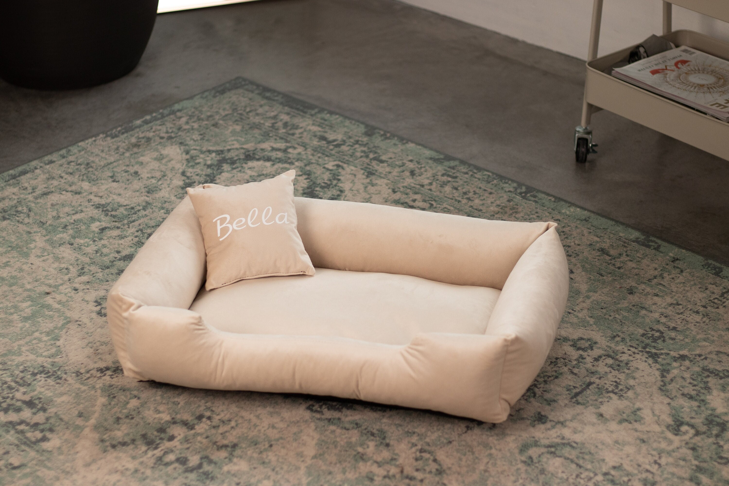 Personalized Beige Velvet Dog Bed with Pillow