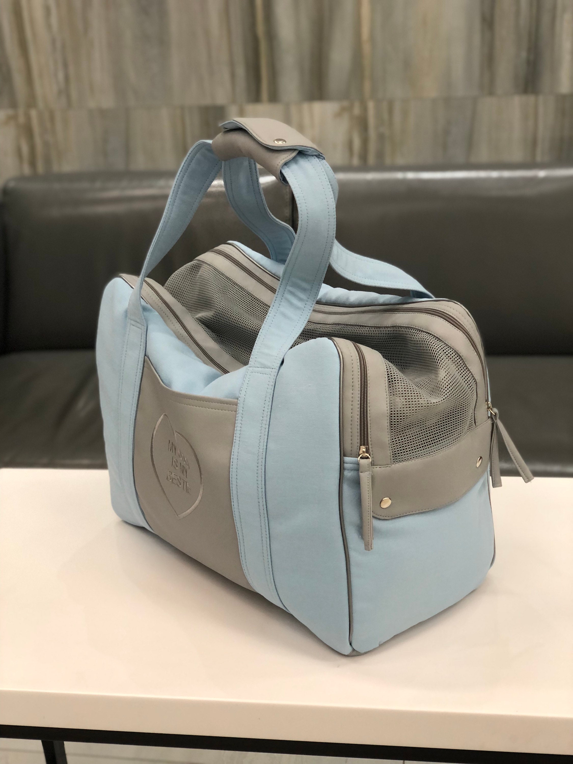Gray designer dog carrier for small dogs with personalization
