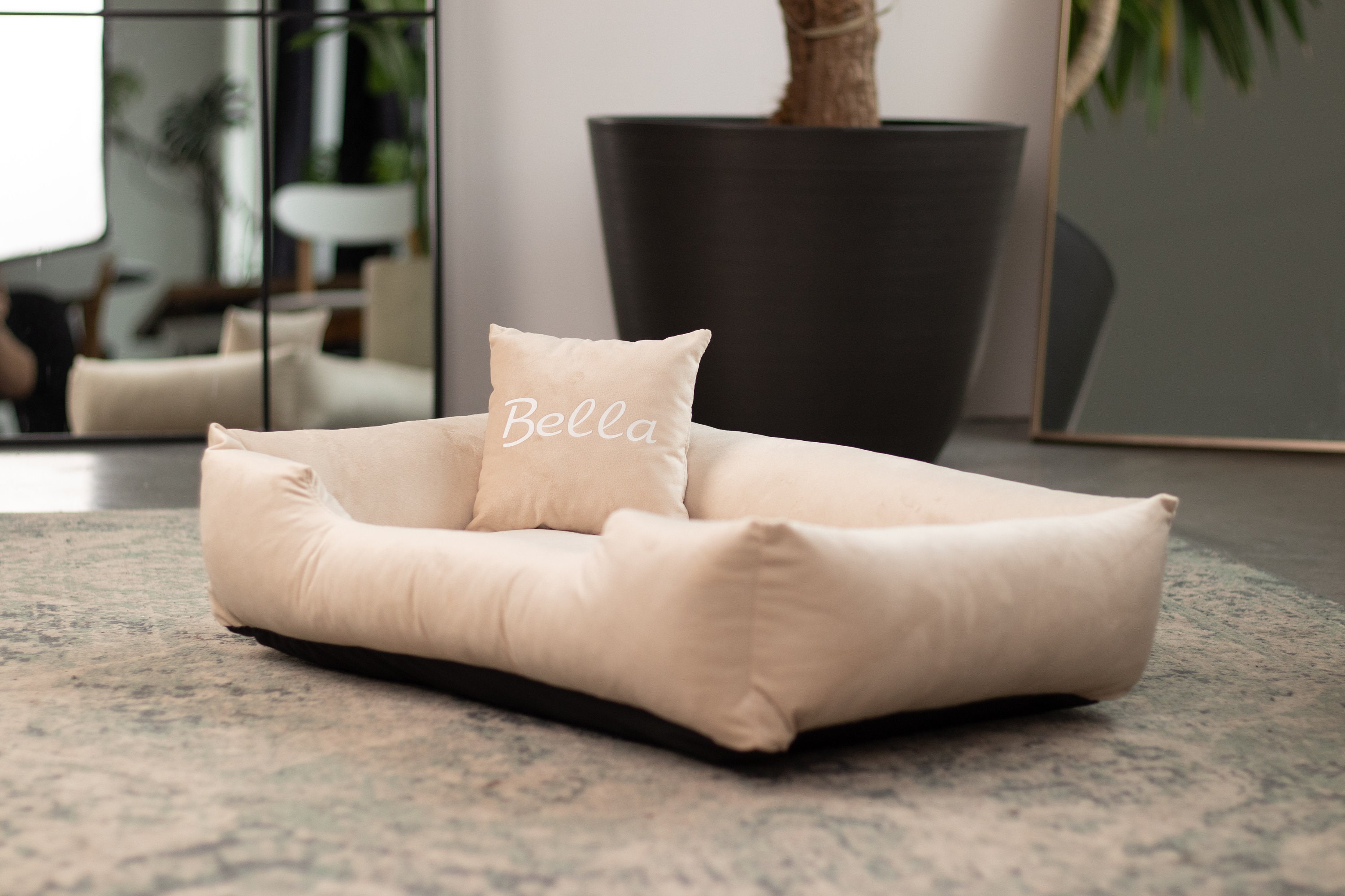Personalized Beige Velvet Dog Bed with Pillow