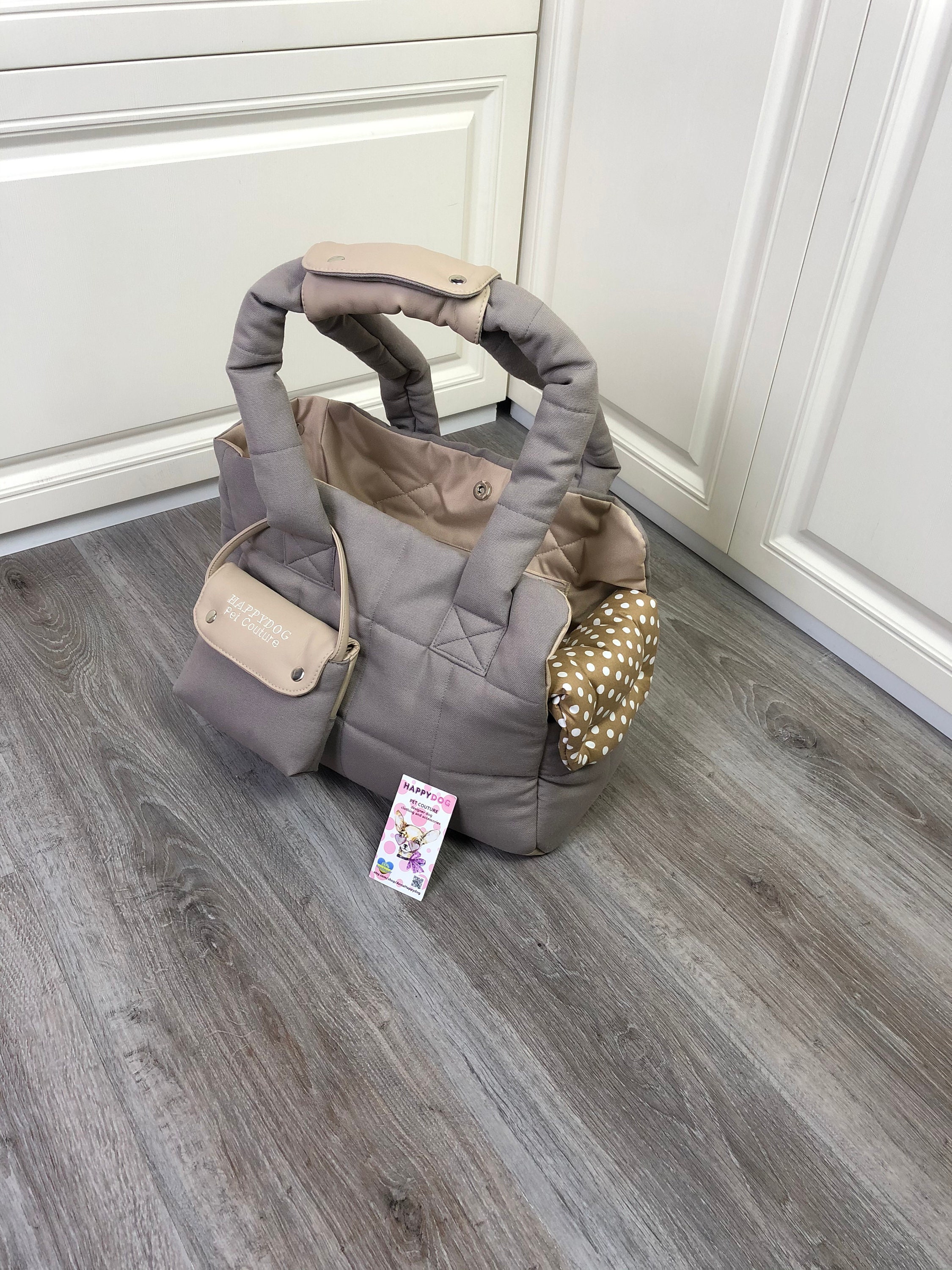 Custom Beige Gray Puppy Carrier and Cotton Bed