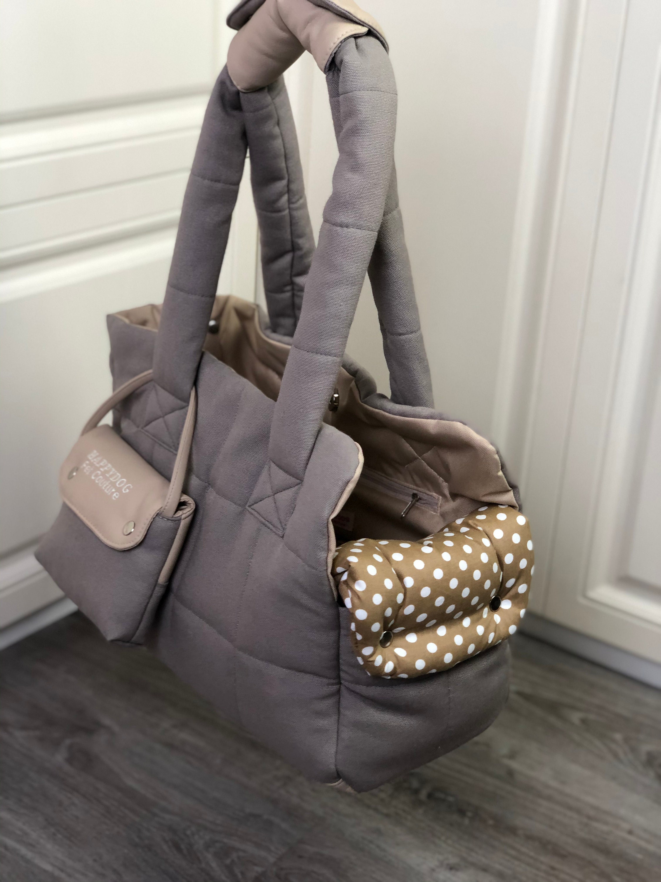 Custom Beige Gray Puppy Carrier and Cotton Bed
