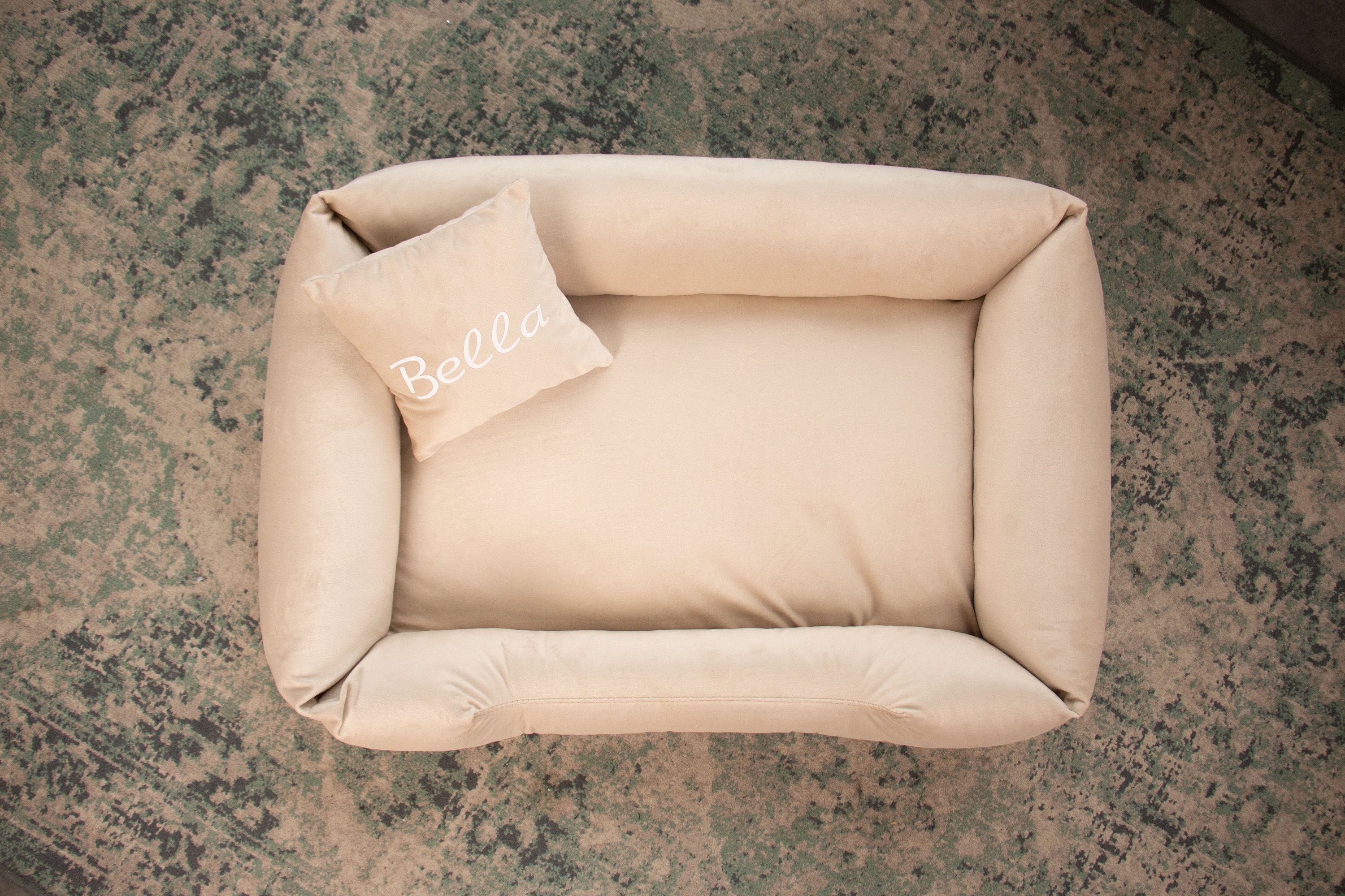 Personalized Beige Velvet Dog Bed with Pillow