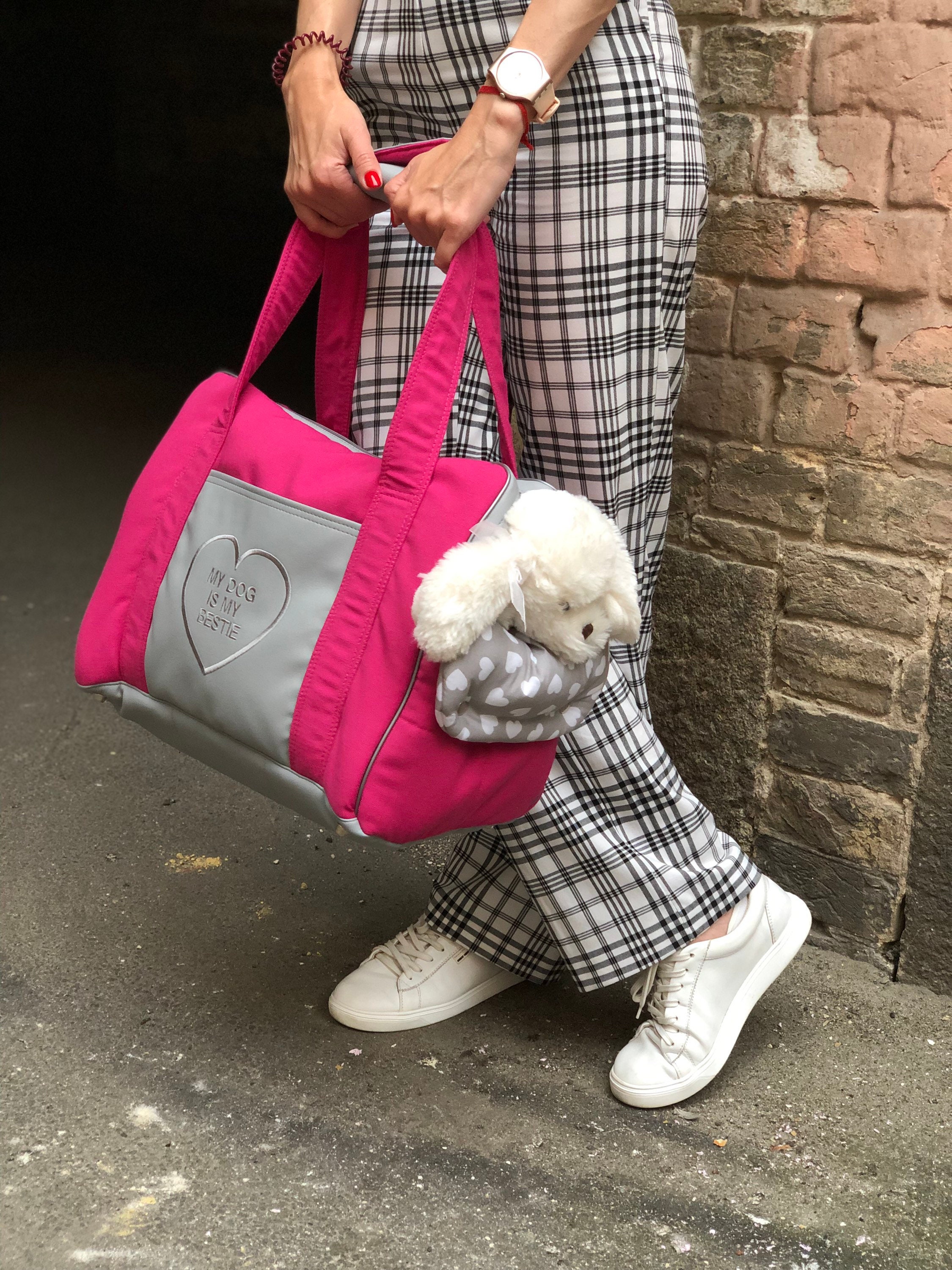 Gray designer dog carrier for small dogs with personalization