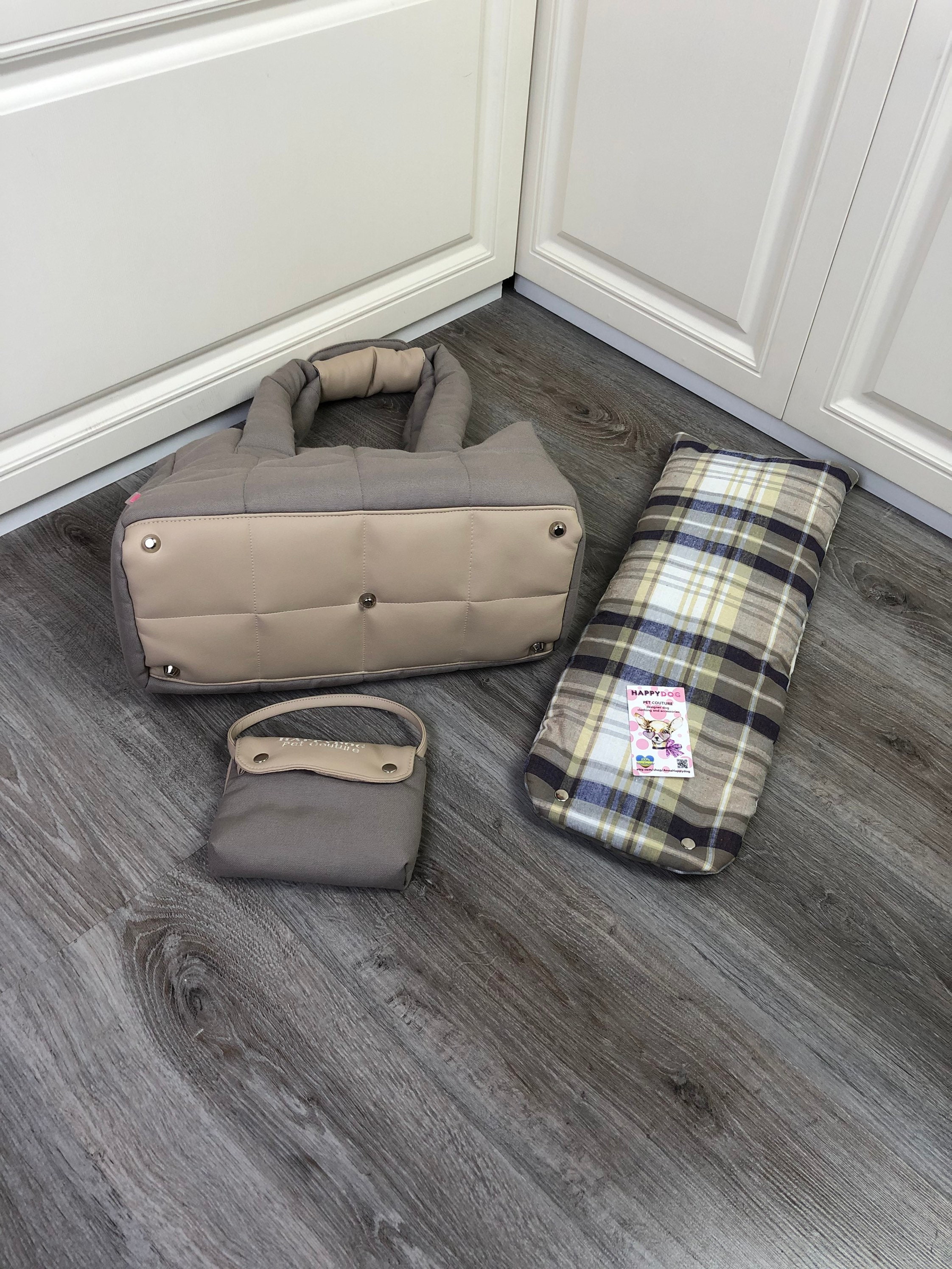 Custom Beige Gray Puppy Carrier and Cotton Bed