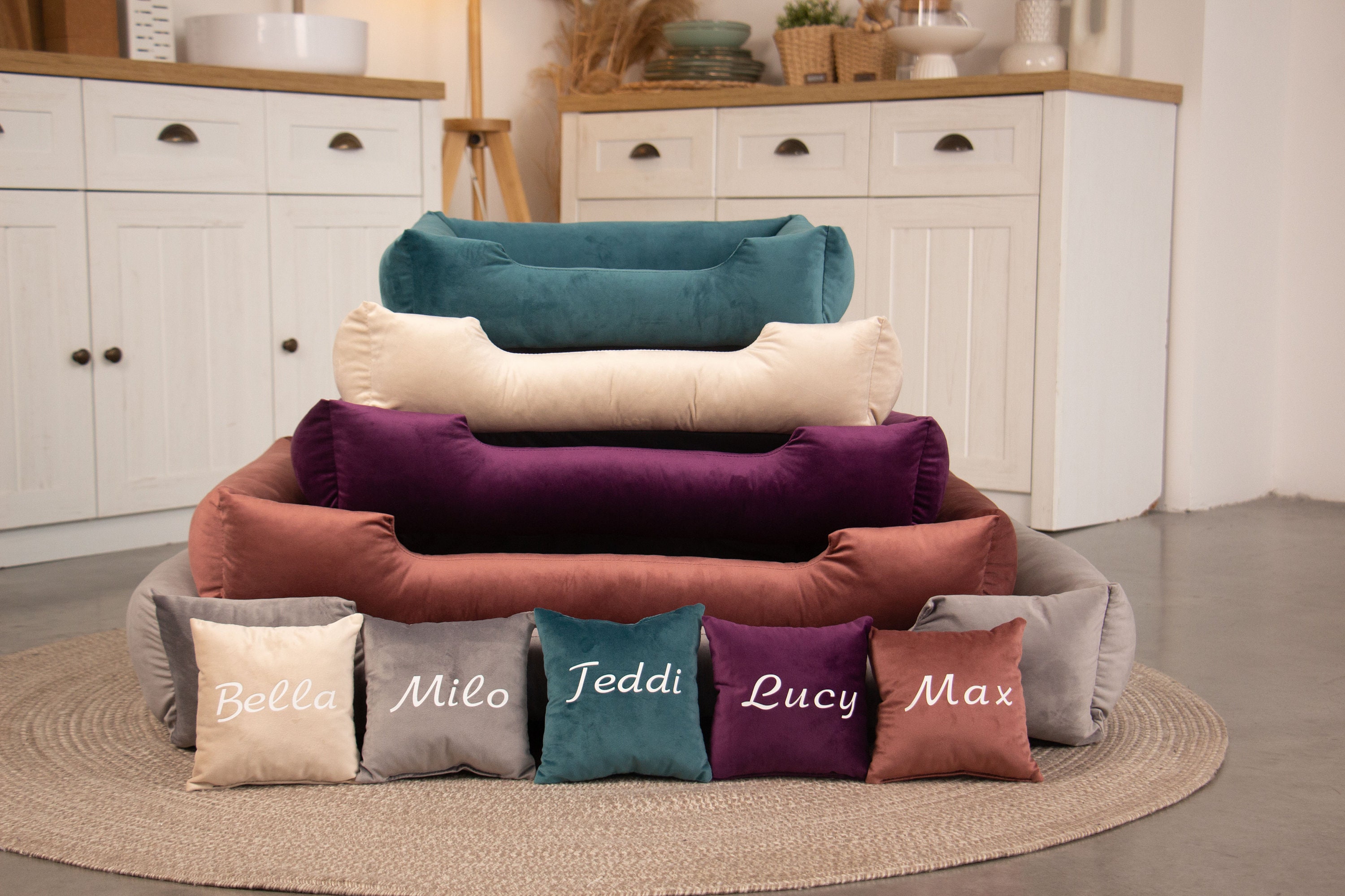 Personalized Beige Velvet Dog Bed with Pillow