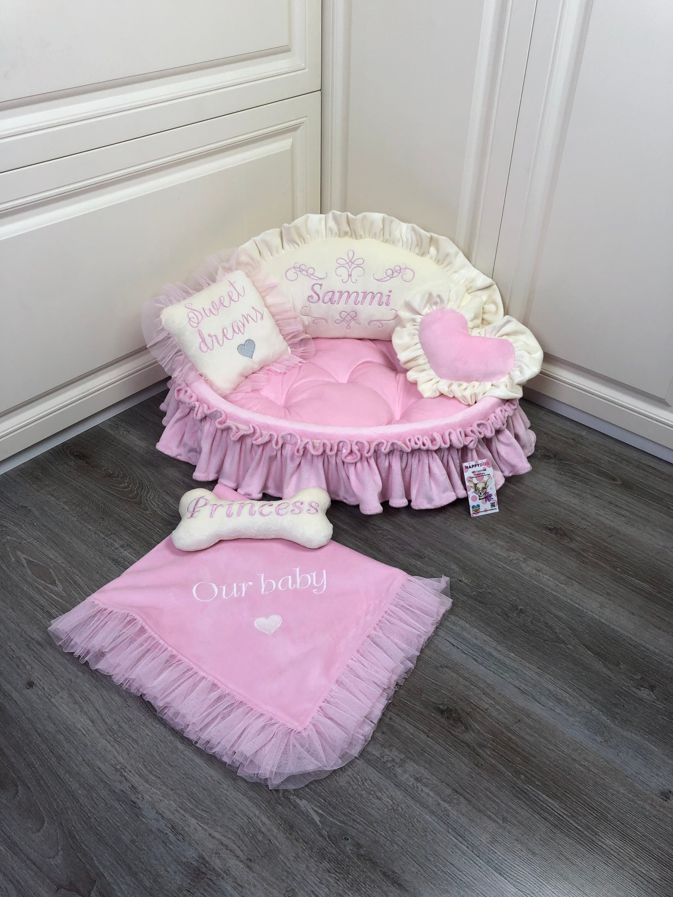 Personalized Princess Pet Bed in Baby Pink and Cream