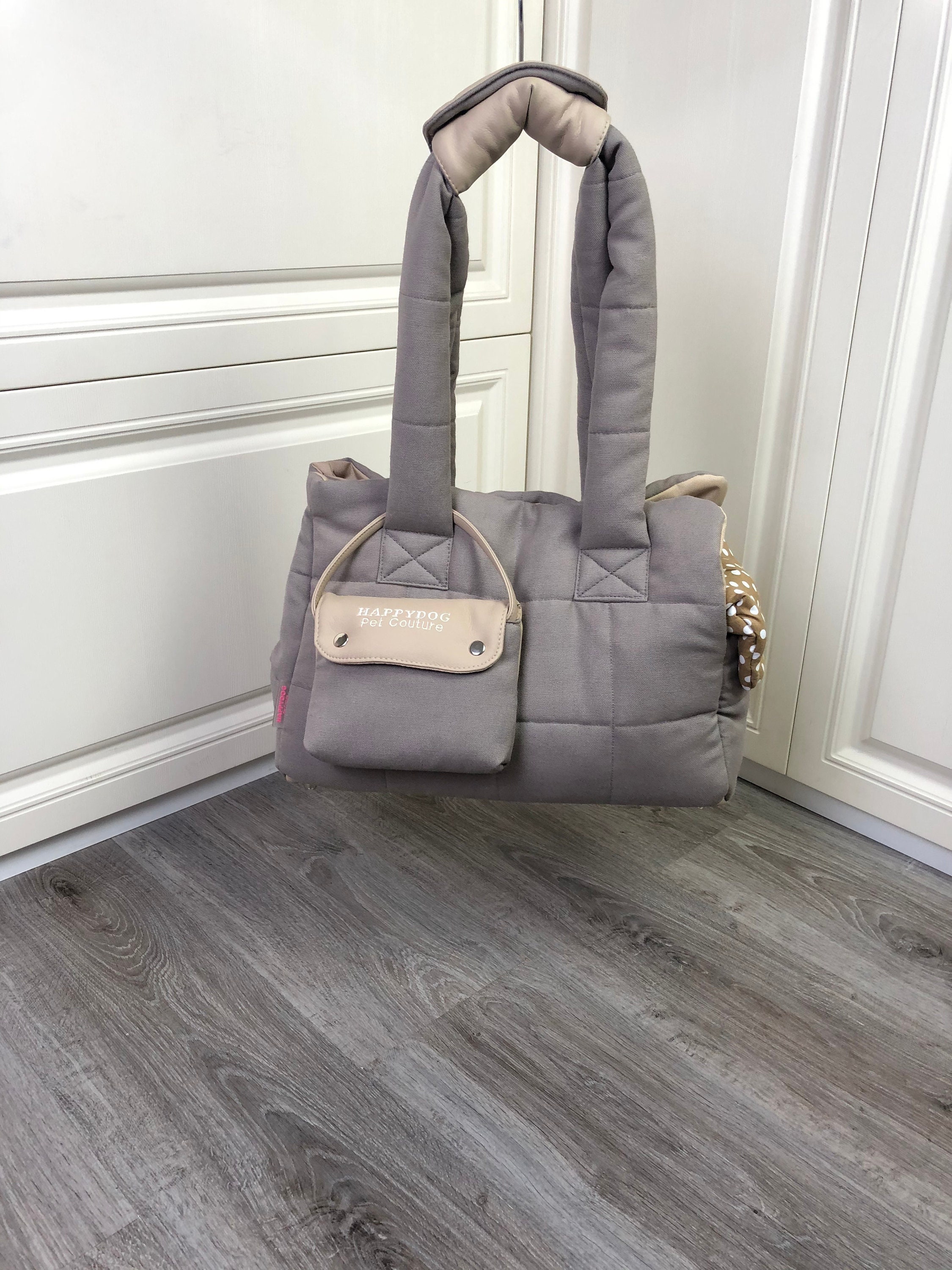 Custom Beige Gray Puppy Carrier and Cotton Bed