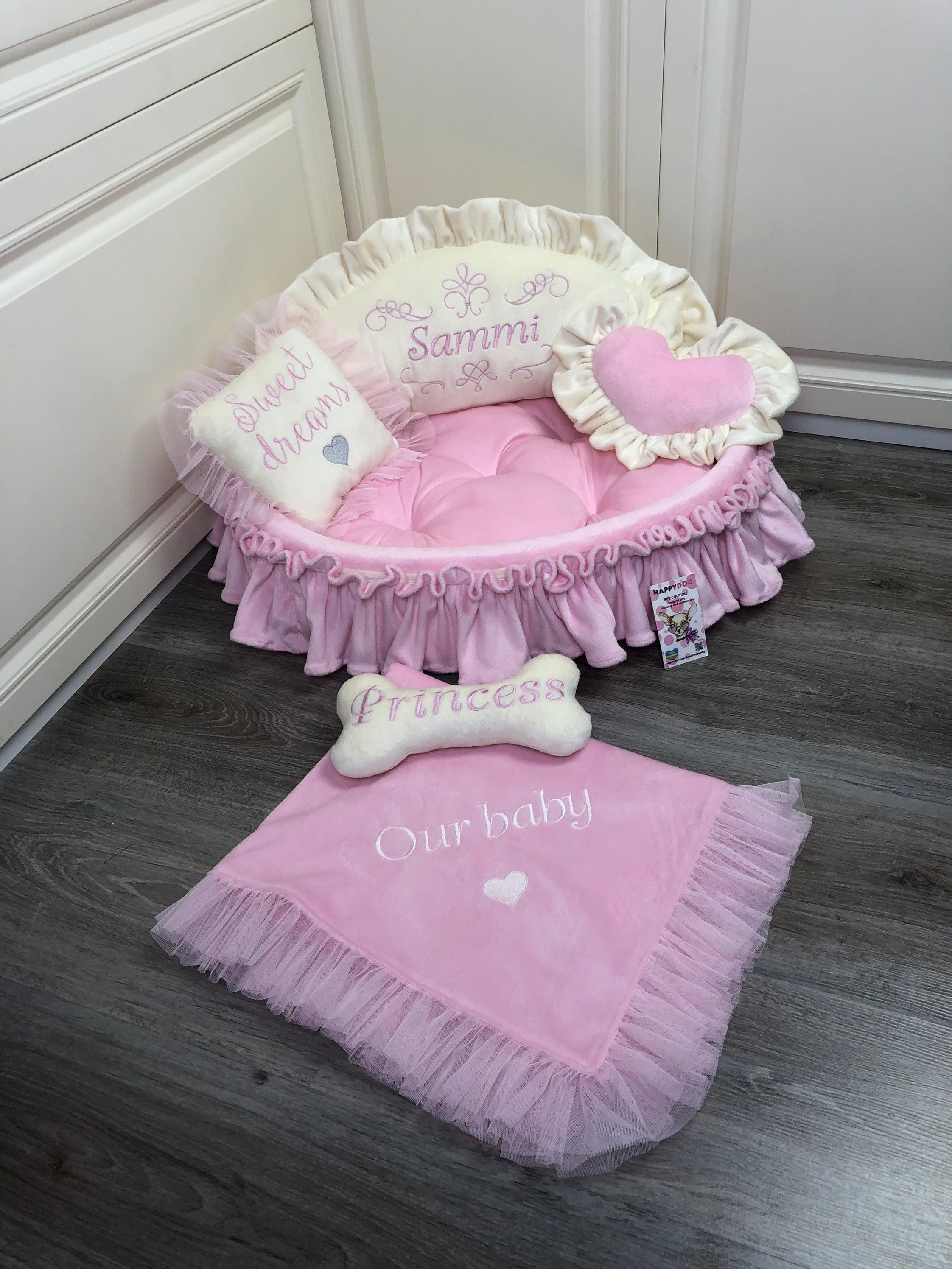 Personalized Princess Pet Bed in Baby Pink and Cream
