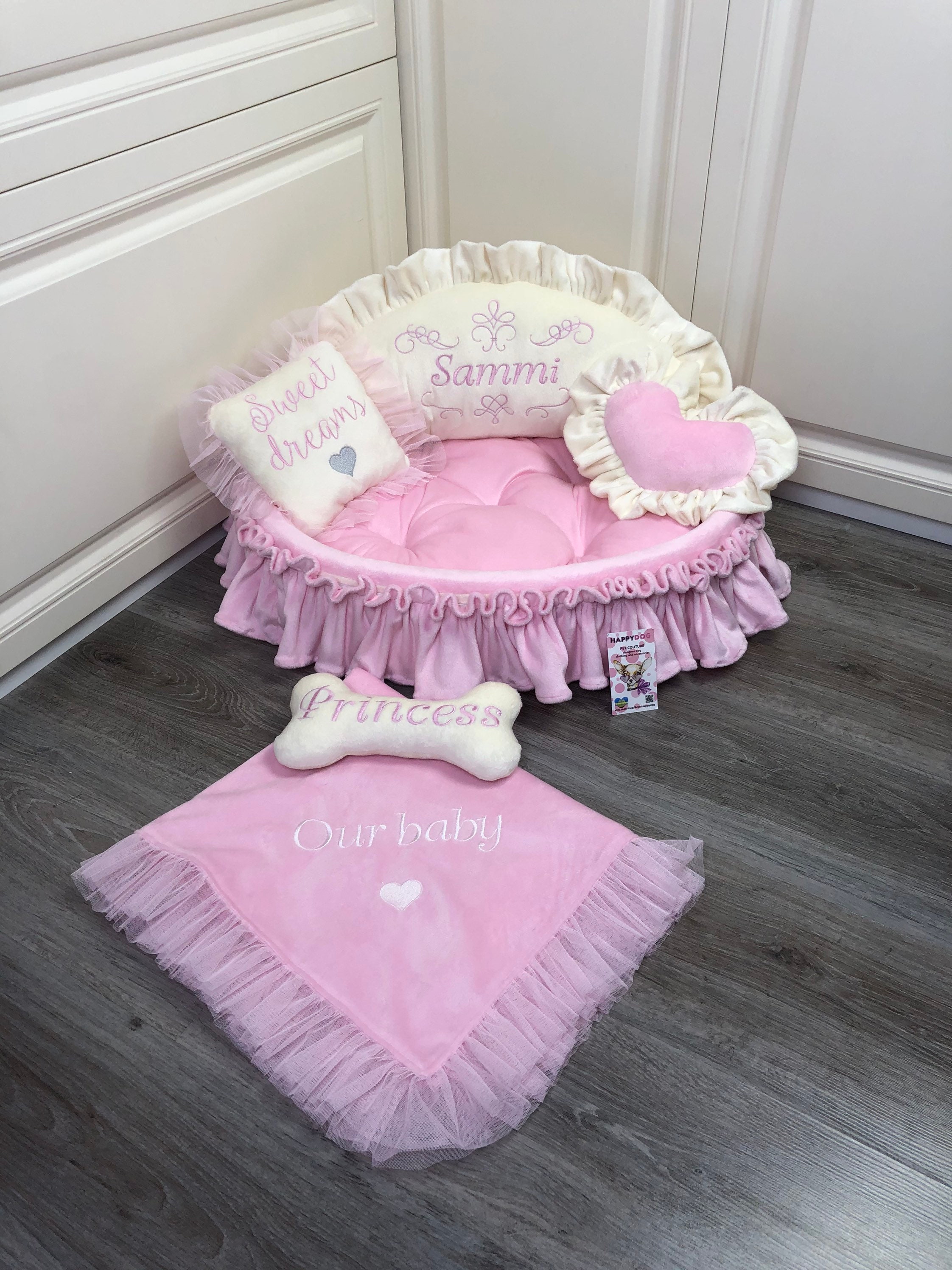 Personalized Princess Pet Bed in Baby Pink and Cream