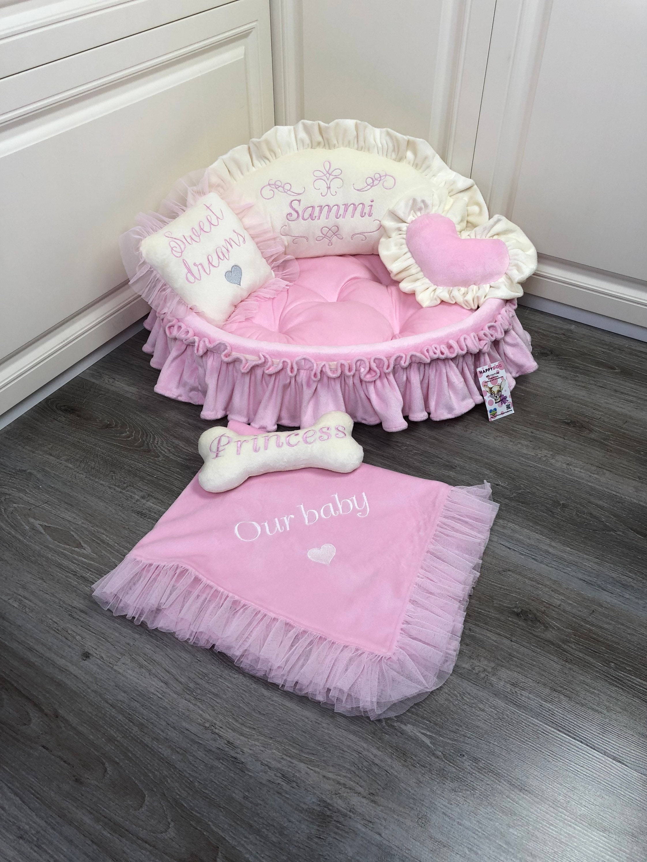 Personalized Princess Pet Bed in Baby Pink and Cream