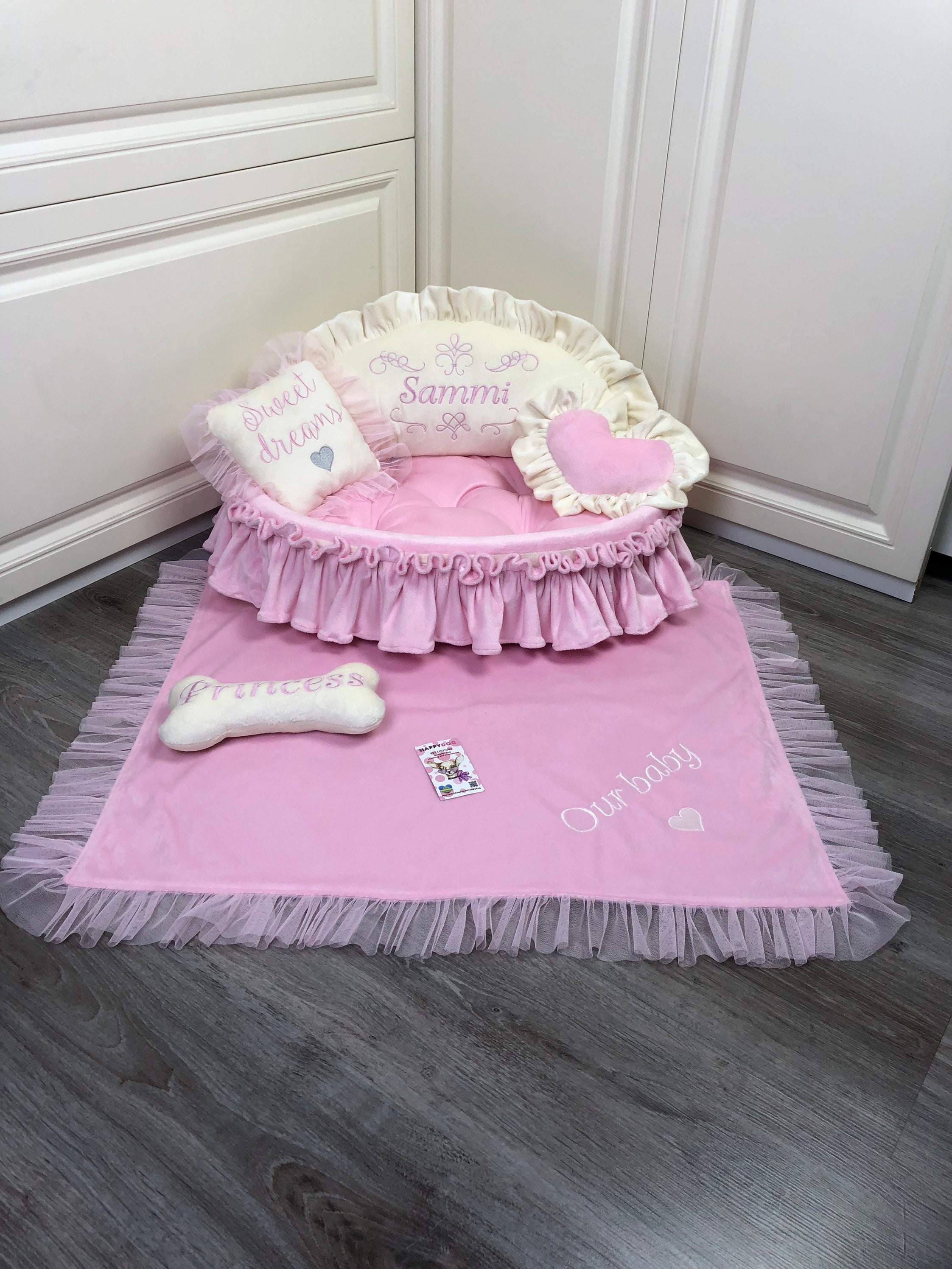 Personalized Princess Pet Bed in Baby Pink and Cream