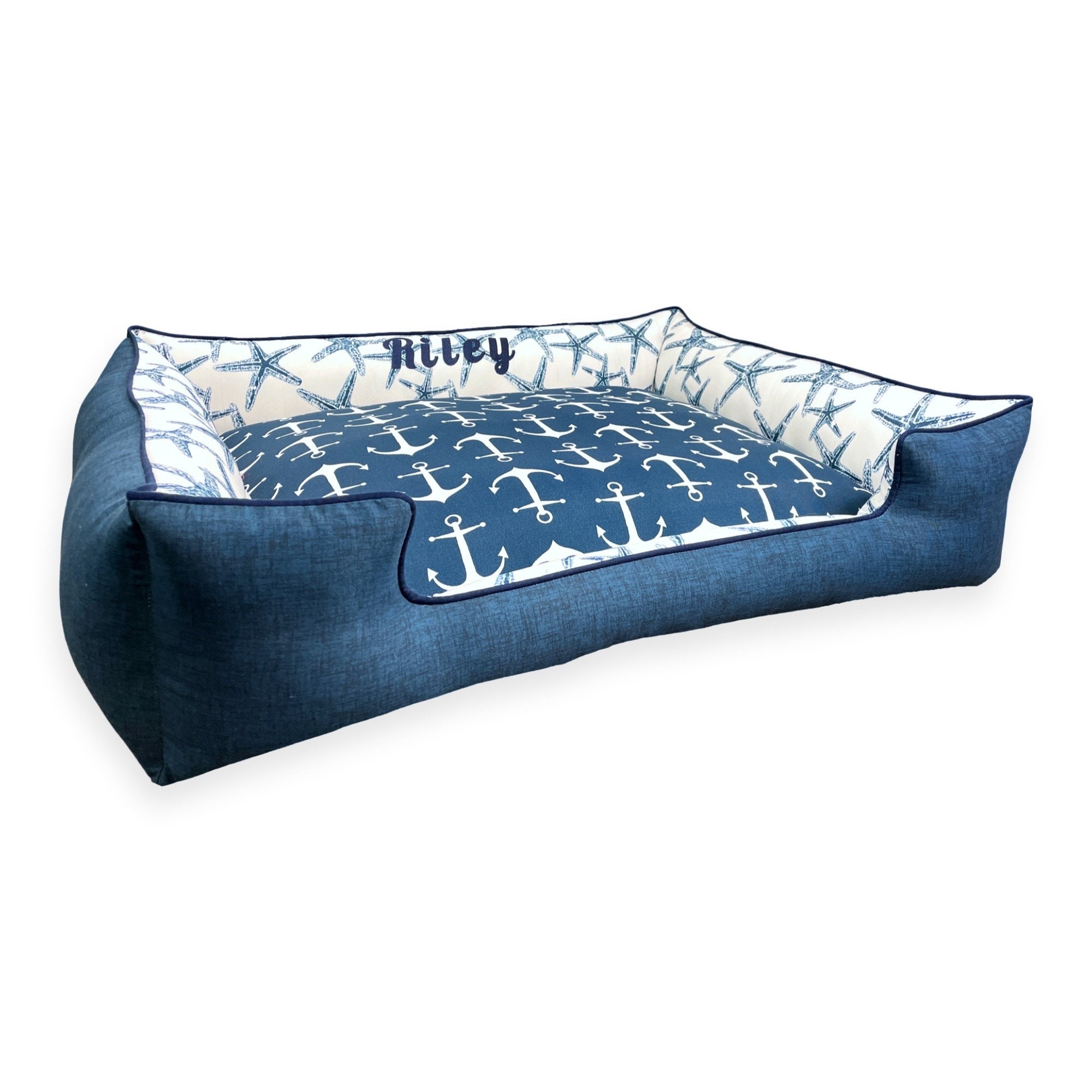 Navy Nautical Dog Bed with Personalized Customization
