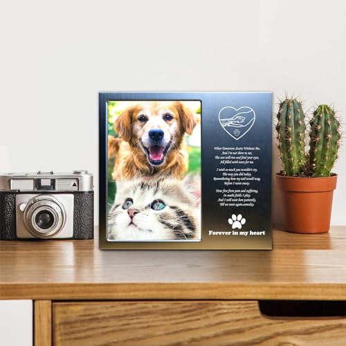 JOEZITON Pet Loss Gifts - Pet Memorial Gift (Opts) Personalized Metal - Sympathy Gift Memorial Picture Frame 4x6 for Loss of Dogs or Cats. (03A)