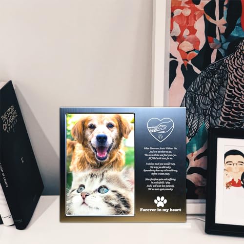 JOEZITON Pet Loss Gifts - Pet Memorial Gift (Opts) Personalized Metal - Sympathy Gift Memorial Picture Frame 4x6 for Loss of Dogs or Cats. (03A)