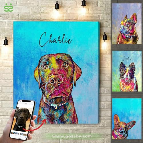 Gossby Custom Dog Portrait from Photo - Personalized Dog Wrapped Canvas Wall Art with Name - Whimsical Oil Dog Painting Decor - Christmas, Birthday Gift for Dog Mom, Dog Dad, Dog Lover, Women, Men