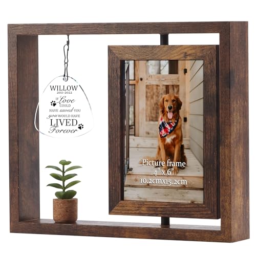 Vasemouh Personalized Pet Memorial Frame Gift for Loss of Dogs, Unique Dog Picture Frame with Customized Name/Date/Text, Wood Rotating 4x6 Cat Bereavement Photo Frame for Pet Lovers, Style 1