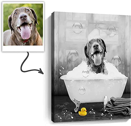 Custom Pet Photos Canvas Wall Art Personalized Cute Dog Cat in Bathtube Pictures Painting Prints, Funny Black and White Animals Bathroom Wall Decor Pet Portrait Framed Artworks Pet Gift Ready To Hang