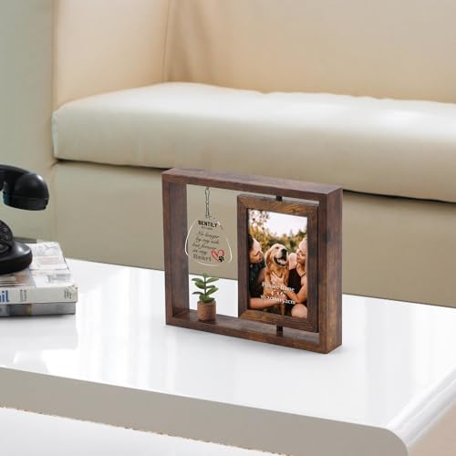 Vasemouh Personalized Pet Memorial Frame Gift for Loss of Dogs, Unique Dog Picture Frame with Customized Name/Date/Text, Wood Rotating 4x6 Cat Bereavement Photo Frame for Pet Lovers, Style 1
