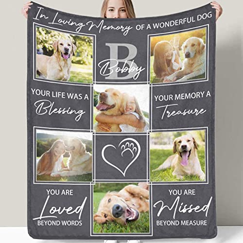 Custom Memorial Blanket Gifts for Dog Lover: Personalized Puppy Photo Collage Throw Blanket with Picture Name in Loving Memory Blanket - Made in USA