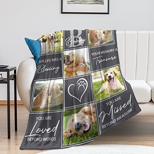 Custom Memorial Blanket Gifts for Dog Lover: Personalized Puppy Photo Collage Throw Blanket with Picture Name in Loving Memory Blanket - Made in USA