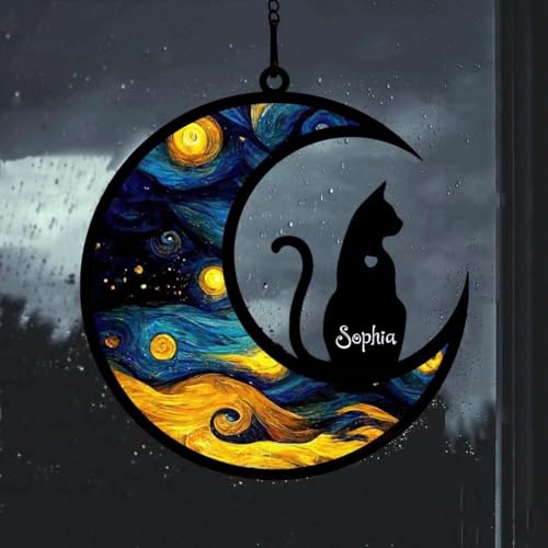 NAZENTI Personalized Cat Suncatcher Memorial Ornament, Cat on Moon for Suncatcher Gifts, Memorial Gift Loss of Cat, Gifts for Cat Lovers, Loss of Cat, Memory Remember Cat, Xmas Gift A01