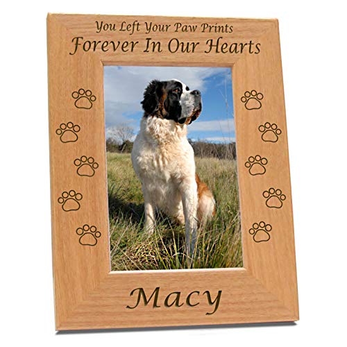 Etched In My Heart Pet Memory Frame Personalized Dog Memorial Gifts (4x6 Photo) w/ “Paw Prints” Custom Message on Rustic Alder Wood for Loving Memorabilia Picture of Deceased & RIP (6x8 Size)