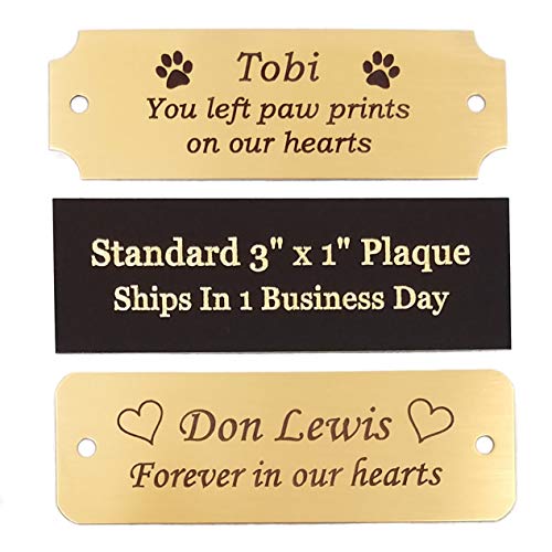 3" W x 1" H | Made In USA | Personalized Brass Name Plates | Custom Engraved Plaque for Trophy Award, Frame, Art Tag Label, Pet Urn Memorial, Military Flag Case, Shadow Box | Adhesive or Screws (Gold)